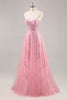 Load image into Gallery viewer, Sparkly Pink Spaghetti Straps Corset Tulle Long Prom Dress with Sequins