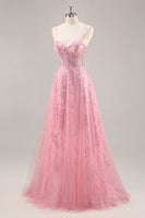 Load image into Gallery viewer, Sparkly Pink Spaghetti Straps Corset Tulle Long Prom Dress with Sequins