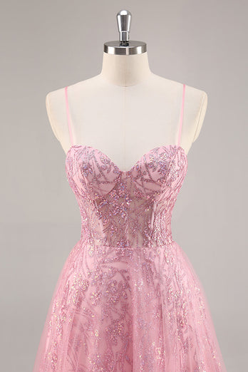 Sparkly Pink Spaghetti Straps Corset Tulle Long Prom Dress with Sequins