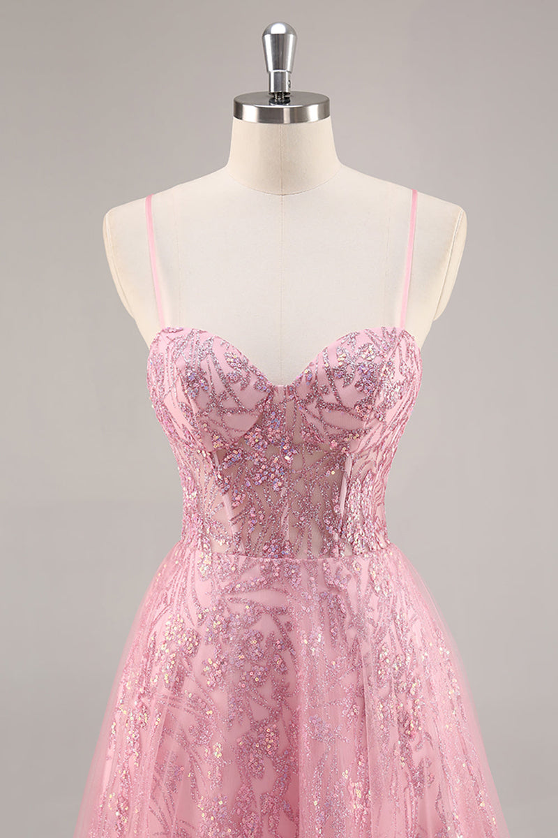 Load image into Gallery viewer, Sparkly Pink Spaghetti Straps Corset Tulle Long Prom Dress with Sequins