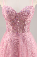 Load image into Gallery viewer, Sparkly Pink Spaghetti Straps Corset Tulle Long Prom Dress with Sequins