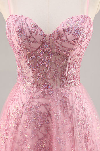 Sparkly Pink Spaghetti Straps Corset Tulle Long Prom Dress with Sequins