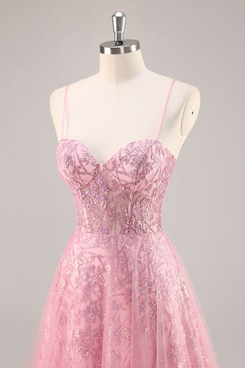 Sparkly Pink Spaghetti Straps Corset Tulle Long Prom Dress with Sequins