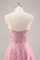 Load image into Gallery viewer, Sparkly Pink Spaghetti Straps Corset Tulle Long Prom Dress with Sequins