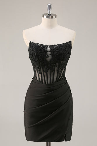 Black Corset Bodycon Satin Short Homecoming Dress with Lace
