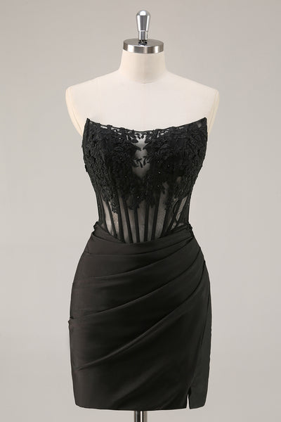 Black Corset Bodycon Satin Short Homecoming Dress with Lace