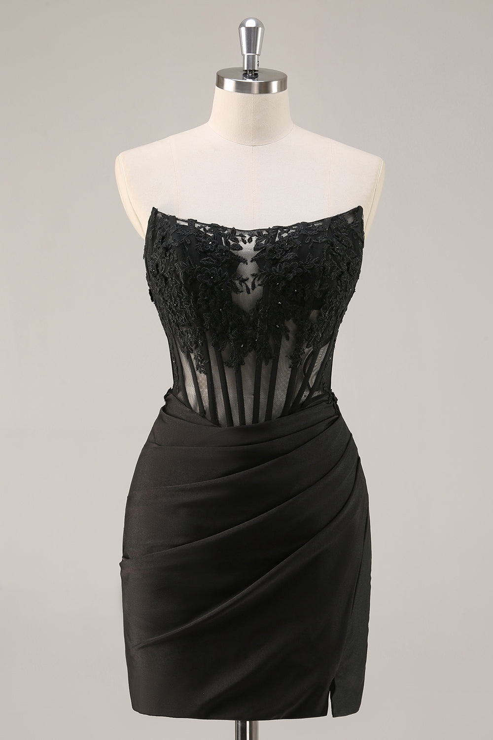 Black Corset Bodycon Satin Short Homecoming Dress with Lace