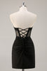 Load image into Gallery viewer, Black Corset Bodycon Satin Short Homecoming Dress with Lace