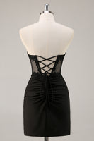 Load image into Gallery viewer, Black Corset Bodycon Satin Short Homecoming Dress with Lace