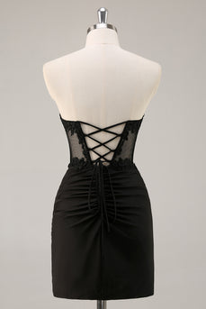 Black Corset Bodycon Satin Short Homecoming Dress with Lace