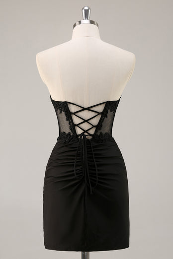 Black Corset Bodycon Satin Short Homecoming Dress with Lace