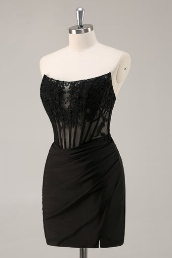 Black Corset Bodycon Satin Short Homecoming Dress with Lace