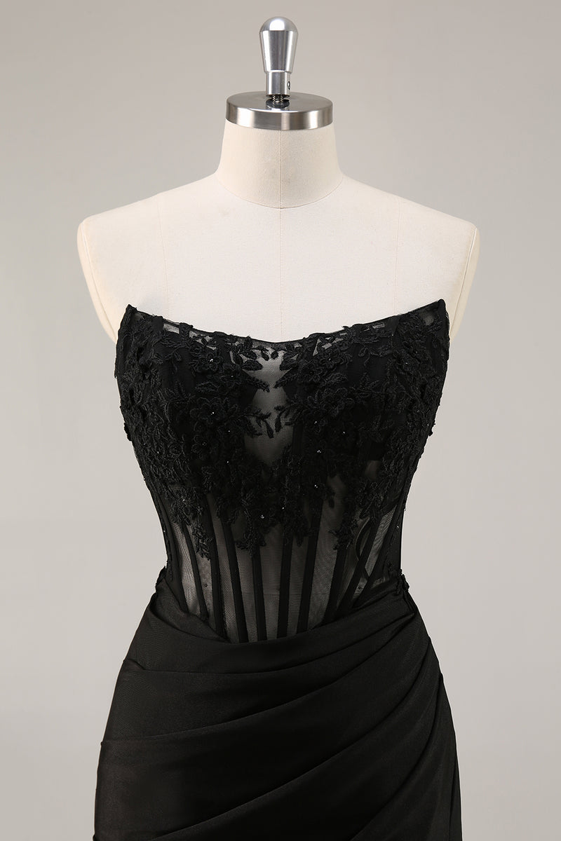 Load image into Gallery viewer, Black Corset Bodycon Satin Short Homecoming Dress with Lace