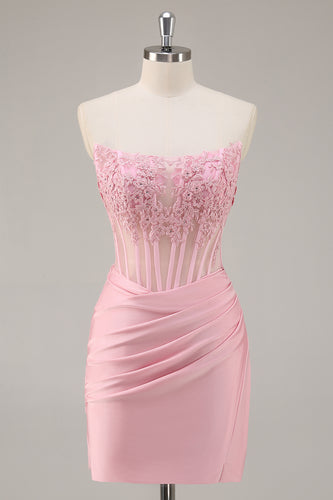 Pink Bodycon Corset Short Homecoming Dress with Lace