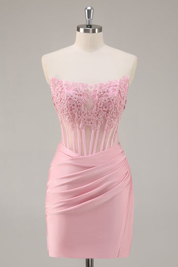 Pink Bodycon Corset Short Homecoming Dress with Lace