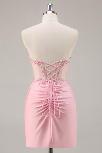 Pink Bodycon Corset Short Homecoming Dress with Lace
