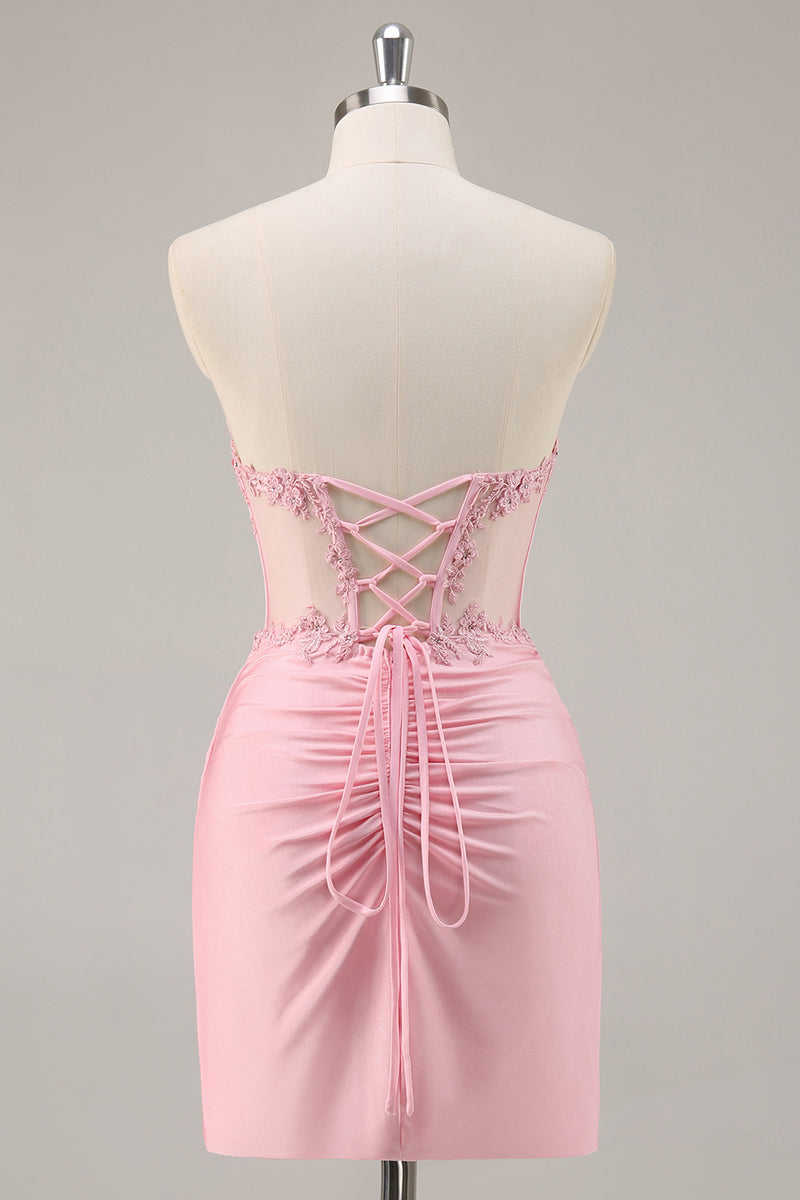 Load image into Gallery viewer, Pink Bodycon Corset Short Homecoming Dress with Lace