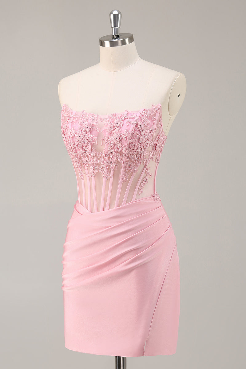 Load image into Gallery viewer, Pink Bodycon Corset Short Homecoming Dress with Lace