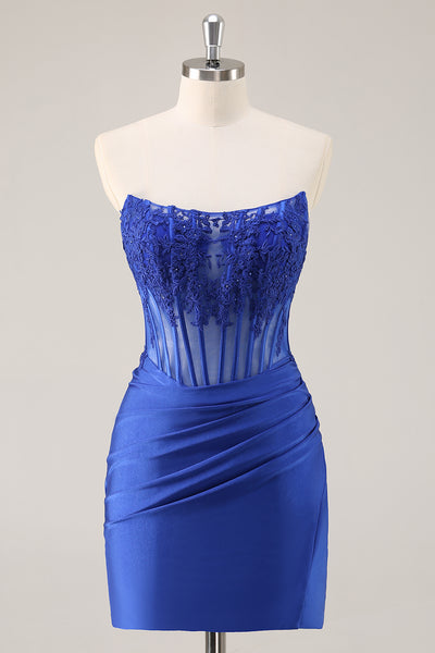 Royal Blue Corset Satin Short Homecoming Dress with Lace