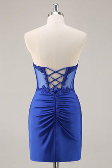 Royal Blue Corset Satin Short Homecoming Dress with Lace