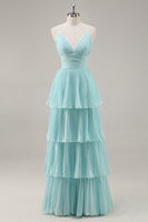 Load image into Gallery viewer, Green Chiffon A Line Tiered Long Pleated Prom Dress