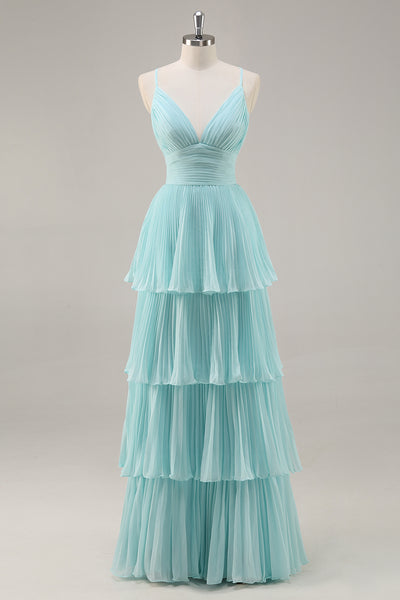 Green Chiffon A Line Tiered Long Pleated Prom Dress