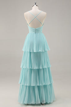 Green Chiffon A Line Tiered Long Pleated Prom Dress