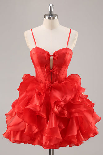 Red Corset A Line Short Ruffled Homecoming Dress with Bows
