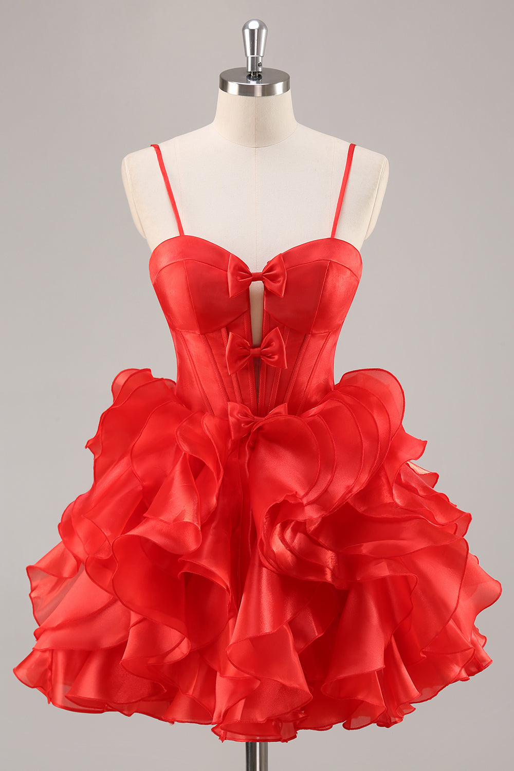 Red Corset A Line Short Ruffled Homecoming Dress with Bows