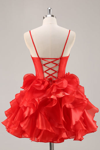 Red Corset A Line Short Ruffled Homecoming Dress with Bows