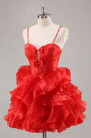 Load image into Gallery viewer, Red Corset A Line Short Ruffled Homecoming Dress with Bows