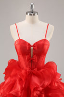 Load image into Gallery viewer, Red Corset A Line Short Ruffled Homecoming Dress with Bows