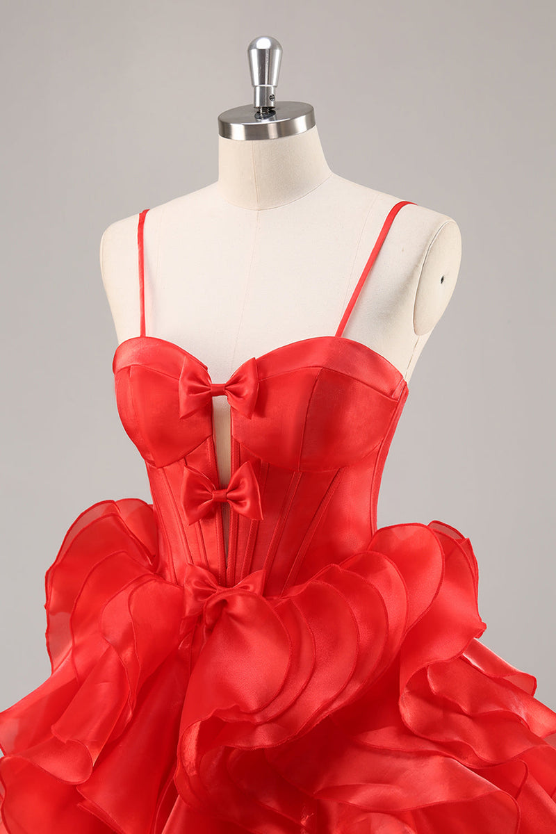 Load image into Gallery viewer, Red Corset A Line Short Ruffled Homecoming Dress with Bows