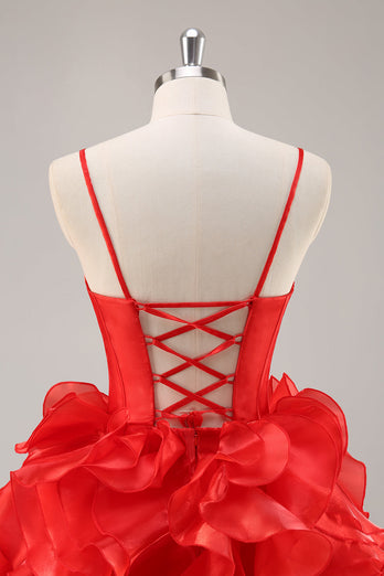Red Corset A Line Short Ruffled Homecoming Dress with Bows