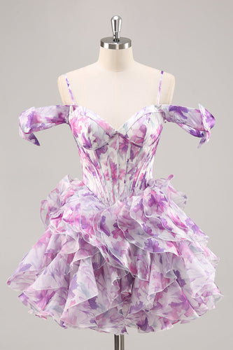 Floral Purple A Line Chiffon Short Corset Homecoming Dress