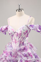 Load image into Gallery viewer, Floral Purple A Line Chiffon Short Corset Homecoming Dress