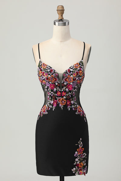 Floral Black Bodycon Spaghetti Straps Short Corset Homecoming Dress