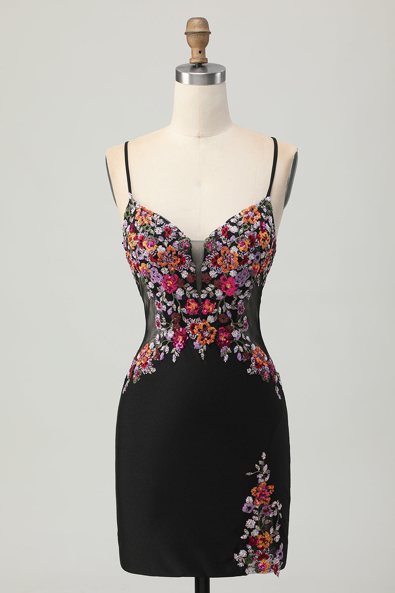 Load image into Gallery viewer, Floral Black Bodycon Spaghetti Straps Short Corset Homecoming Dress
