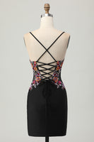 Load image into Gallery viewer, Floral Black Bodycon Spaghetti Straps Short Corset Homecoming Dress