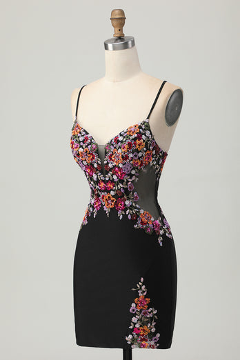 Floral Black Bodycon Spaghetti Straps Short Corset Homecoming Dress