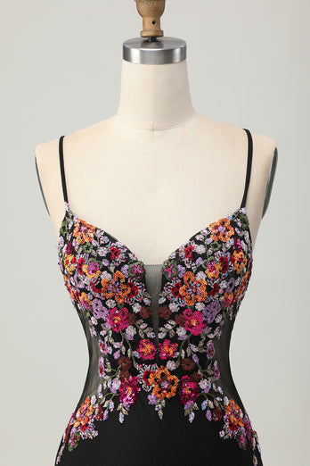 Floral Black Bodycon Spaghetti Straps Short Corset Homecoming Dress
