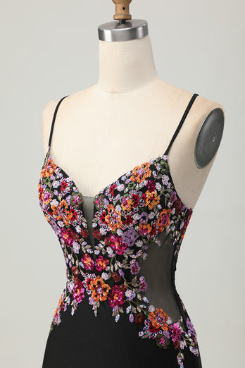 Floral Black Bodycon Spaghetti Straps Short Corset Homecoming Dress