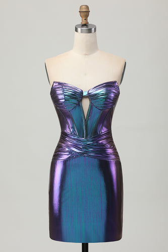 Metallic Blue Purple Bodycon Keyhole Short Corset Homecoming Dress