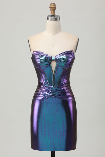 Metallic Blue Purple Bodycon Keyhole Short Corset Homecoming Dress