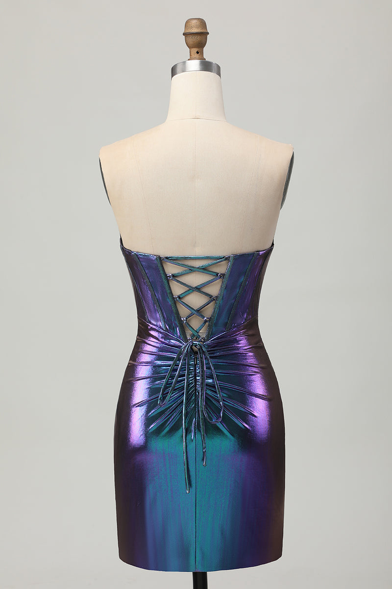 Load image into Gallery viewer, Metallic Blue Purple Bodycon Keyhole Short Corset Homecoming Dress