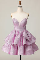 Load image into Gallery viewer, Light Purple Strapless A Line Metallic Short Homecoming Dress with Ruffles