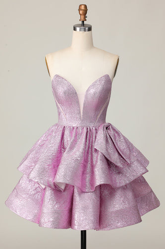 Light Purple Strapless A Line Metallic Short Homecoming Dress with Ruffles