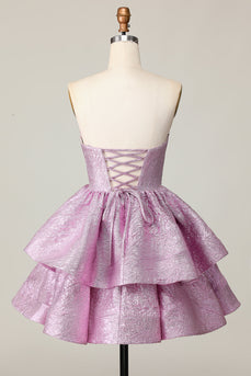 Light Purple Strapless A Line Metallic Short Homecoming Dress with Ruffles