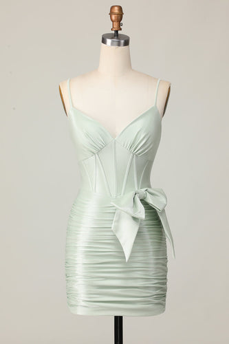 Sage Spaghetti Straps Short Corset Homecoming Dress with Bow