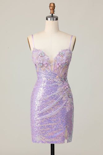 Sparkly Lilac Corset Tight Short Homecoming Dress with Sequins